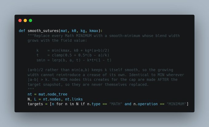 A code editor window displays a Python function named 'smooth_sutures' containing comments explaining how to replace Math MINIMUM nodes with a smooth-minimum blend.