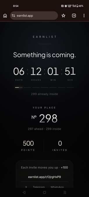 A mobile screenshot of Earnlist.app displaying a countdown timer with '06 : 12 : 01 : 51 DAYS : HOURS : MIN : SEC', showing 'YOUR PLACE N° 298', '500 POINTS', and a referral link.