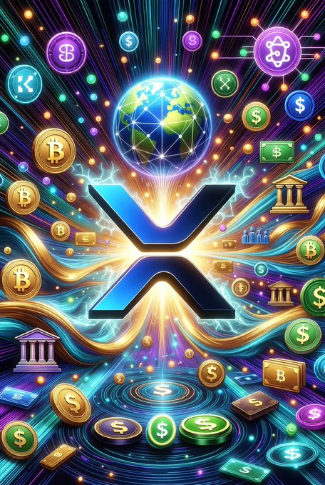 A stylized XRP logo at the center, surrounded by a globe, various cryptocurrency icons (Bitcoin, Ethereum), and floating dollar/euro/peso coins, visually emphasizing XRP's role in global cross-border payments and currency exchange.
