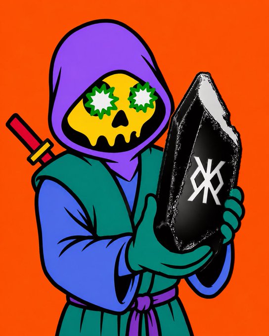 A hooded skeleton figure with star-shaped eyes holds a black coffin etched with the runic "ᚱ" symbol, with a sword strapped to its back, embodying the classic Skeleton Crew Runestone aesthetic and reinforcing the Day 101 streak toward the upcoming $RUNESTONE airdrop.