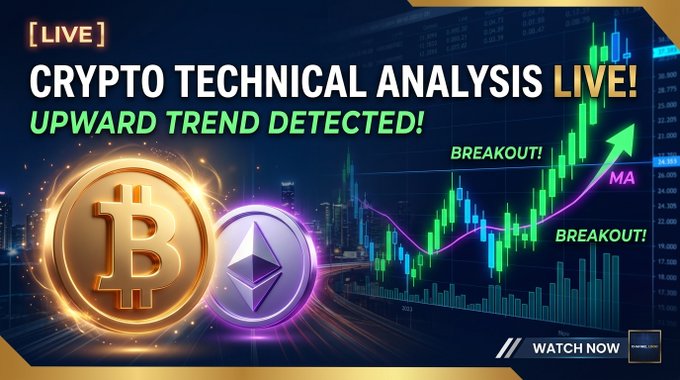 A YouTube thumbnail for a 'CRYPTO TECHNICAL ANALYSIS LIVE!' stream showing Bitcoin and Ethereum coins next to a candlestick chart with 'UPWARD TREND DETECTED!' and 'BREAKOUT!' text.