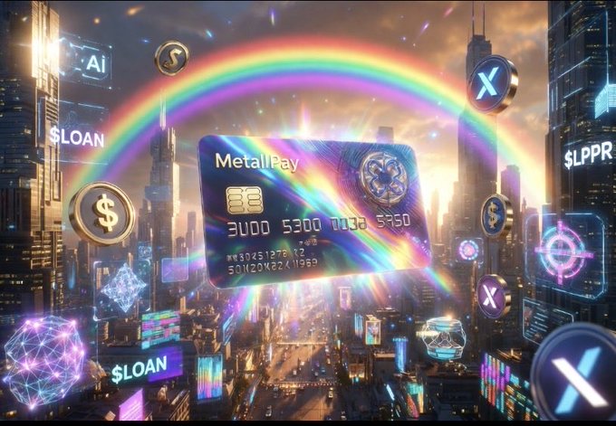 The image features a cityscape with buildings, cars, and other elements of urban life. The sky above the scene is filled with rainbows, creating a colorful and vibrant atmosphere. In the center of the image, there's a credit card or payment method that reads "metalblockchain". This suggests that the post might be related to cryptocurrency or blockchain technology, which are often associated with digital payments and transactions.