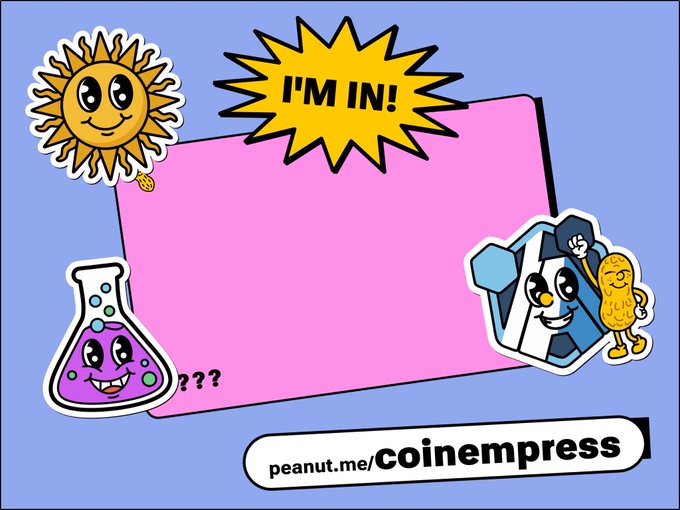 A vibrant graphic featuring cartoon stickers of a smiling sun, a bubbling pink beaker, and a cheerful peanut character alongside the text "I'M IN!" — promoting the launch of the Peanut card via the link peanut.me/coinempress, tying into the post's excitement about finally having a card to use alongside the Peanut app while traveling.