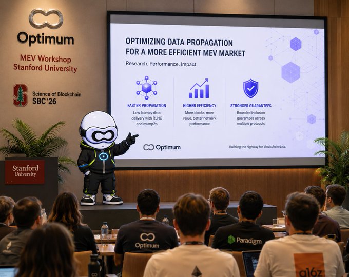 An Optimum MEV Workshop scene at Stanford University (SBC '26) showing a mascot presenting on optimizing data propagation for MEV markets, with attendees from Paradigm and a16z visible.