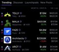 A cryptocurrency tracking website displaying the 'Discover' section with a list of cryptocurrencies including NULS, C98, FIL, Communities, and ARCT showing their prices, and a 'LunchPoolis - New Pools' header at the top.