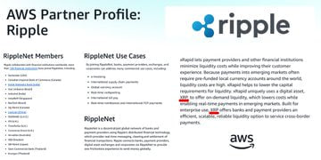 The image shows an AWS Partner Profile for Ripple, featuring Ripple's logo alongside AWS branding, with sections detailing RippleNet Members, Use Cases (including on-demand liquidity and asset tokenization), and information about RippleNet—a blockchain network connecting financial institutions.

This image relates to the post as it highlights Ripple's institutional credibility and infrastructure through its partnership with Amazon Web Services, contextualizing $XRP's substantial market cap as a reflection of its established enterprise adoption and real-world utility rather than just speculative trading.