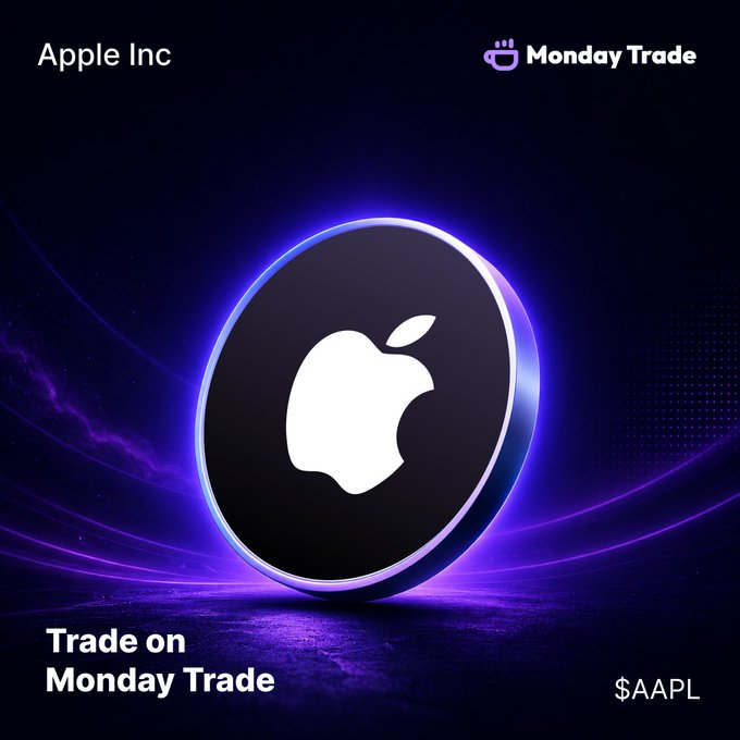 A promotional graphic for Apple Inc ($AAPL) features the Apple logo on a circular illuminated background, advertising to 'Trade on Monday Trade'.