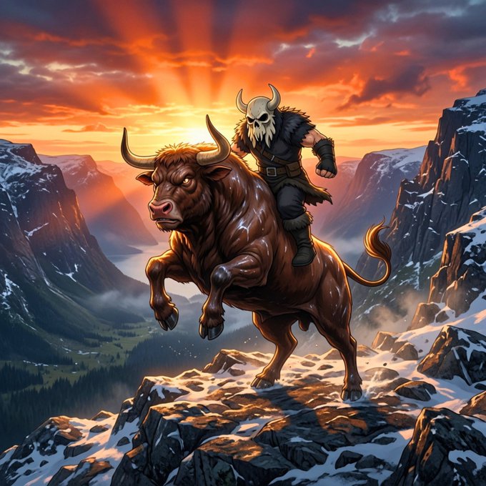 A fantasy illustration of a horned warrior wearing a skull mask and fur cloak riding a charging brown bull at the edge of a snowy cliff, set against a dramatic orange sunset.