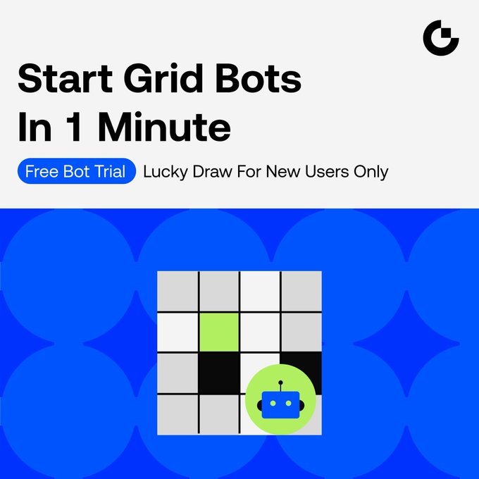 A promotional graphic advertises "Start Grid Bots In 1 Minute" with a "Free Bot Trial" offer for a "Lucky Draw For New Users Only", featuring an illustration of a robot on a grid board.