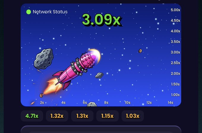 A mobile game screen titled 'Network Status' shows a 3.09x multiplier with a rocket flying through space among asteroids.