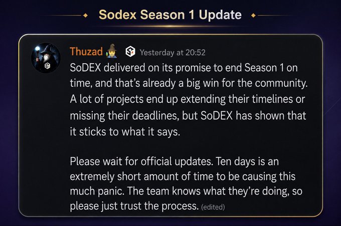 A screenshot of a Discord post from user "Thuzad" discussing the SoDEX Season 1 Update, where they praise the project's timely completion of Season 1 and urge community members to remain patient and "trust the process" while waiting for official updates.