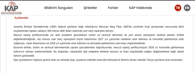 The image shows a Turkish-language disclosure from KAP (Kamuyu Aydınlatma Platformu) regarding Borusan Berg Pipe, announcing approximately $360 million in new orders from America (ABD) due to favorable market conditions, supporting the post's claim about the company securing a major pipe order from America.