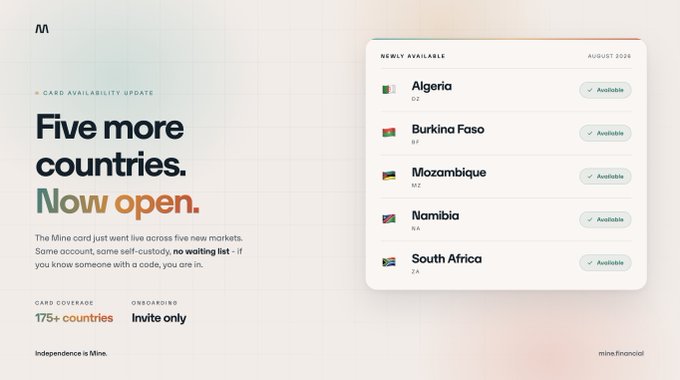 Mine Financial announces its crypto card's expansion into five new African markets—Algeria (DZ), Burkina Faso (BF), Mozambique (MZ), Namibia (NA), and South Africa (ZA)—as shown in the "Newly Available August 2026" availability panel, bringing total coverage to 175+ countries on an invite-only basis.