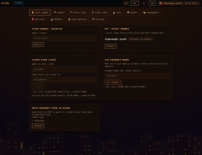 A screenshot of a 'PIXEL' web interface, specifically a 'PIXEL NAMES' testnet page, showing options to 'RESOLVE', 'CLAIM YOUR .PIXEL', and 'SET PRIMARY NAME'.