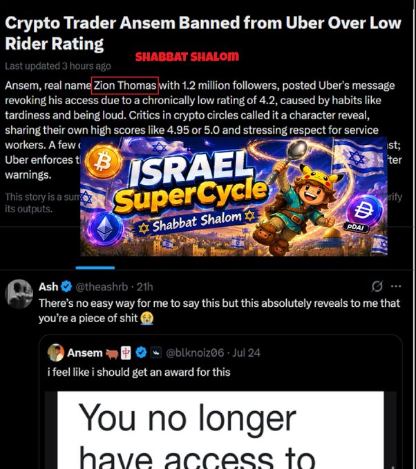 The image displays a news article headlined "Crypto Trader Ansem Banned from Uber Over Low Rider Rating," highlighting his real name Zion Thomas, 1.2 million followers, and his 4.2 rating due to habits like tardiness and being loud. It also features an "Israel SuperCycle" promotional graphic with "Shabbat Shalom" text and Bitcoin/Ethereum logos, along with a tweet from user Ash criticizing Ansem's behavior. The accompanying post contrasts Ansem's public downfall with the poster's promotion of "Spoony" and DCA buying strategy ahead of the so-called Israel SuperCycle.