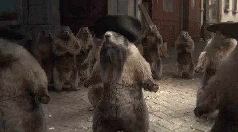 The image features a group of small brown animals, possibly squirrels or chipmunks, standing together with their arms raised. The animals are wearing hats, giving them a unique appearance. There are at least nine animals visible in the scene, some closer to the camera and others further away. They appear to be gathered around each other, creating an interesting composition within the image.