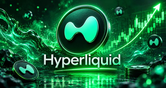 A promotional graphic for Hyperliquid featuring their green logo prominently displayed against a dynamic background with green liquid splashes, candlestick charts showing upward trends, and coins scattered around.