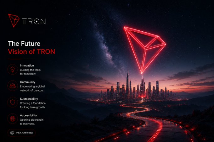 A promotional graphic for TRON featuring a glowing red TRON logo above a futuristic city skyline at night, with the text 'The Future Vision of TRON' and key values: Innovation, Community, Sustainability, and Accessibility.