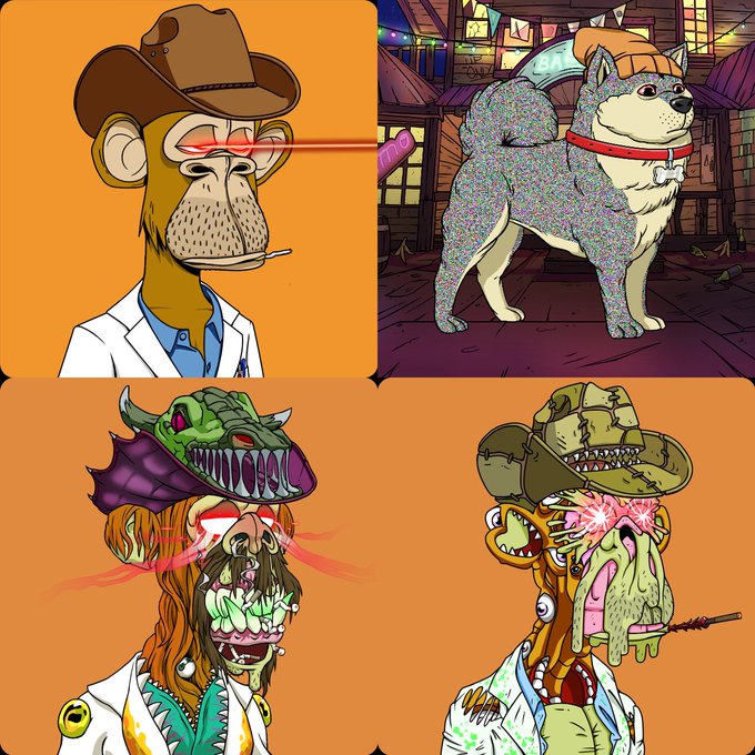 A collage of four cartoon characters in the Bored Ape Yacht Club NFT style, including a cowboy-hat-wearing ape with laser eyes, a Shiba Inu dog, and two zombie-like mutants, complements the "Happy Full Set Friday" post celebrating completing a full collection. The collection-themed artwork ties into the post's theme, while the author's call for weekend ideas invites community engagement.