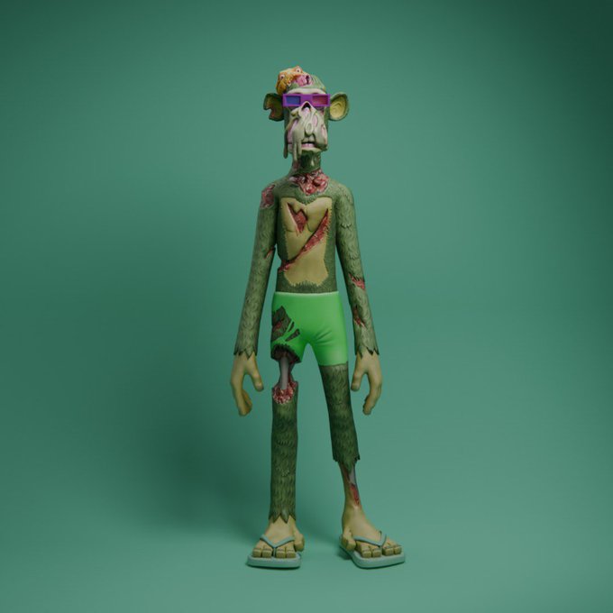 A 3D-rendered zombie-like monkey character with green fur, tattered clothing, glowing red wounds, purple sunglasses, and a small hat, standing against a teal background.