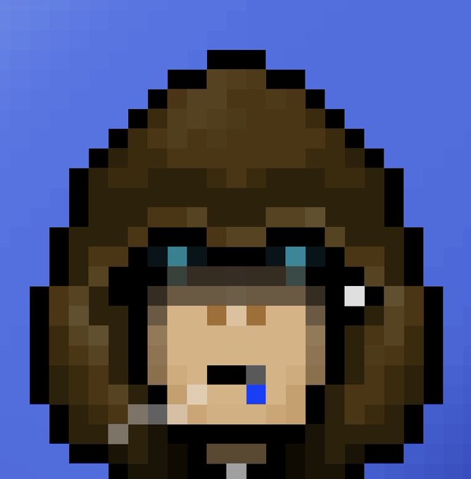 Pixel art portrait of a hooded, goggled figure with a blue pacifier and a smoking cigarette, set against a solid blue background, styled like an NFT collectible.