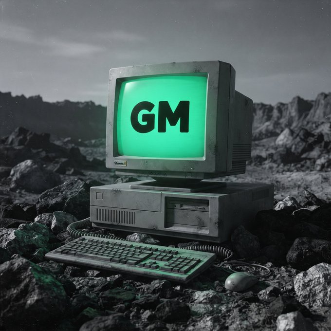 A retro, weathered computer monitor and tower with a glowing green screen displaying the letters 'GM', sitting on a rocky, barren landscape under a dark sky.