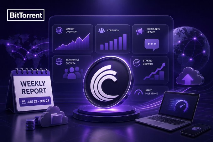 The image is a stylized promotional graphic for BitTorrent's Weekly Report (Jun 22 – Jun 28), featuring a glowing central coin/token with surrounding panels highlighting "Market Overview," "Core Data," "Community Update," "Ecosystem Growth," "Staking Growth," and "Speed Milestone," along with a calendar, laptop, and global network visuals — directly illustrating the post's emphasis on BitTorrent's expanding ecosystem and infrastructure beyond traditional file sharing.