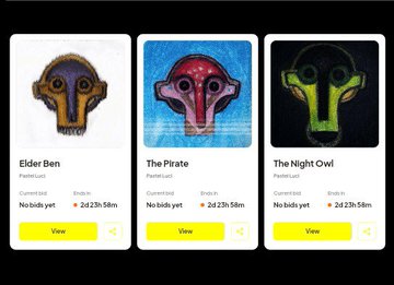 Three NFT listings titled 'Elder Ben', 'The Pirate', and 'The Night Owl' from artist Pabloluzi, each showing colorful skull-like masks with bids of 2d 23h 58m remaining and yellow View buttons.