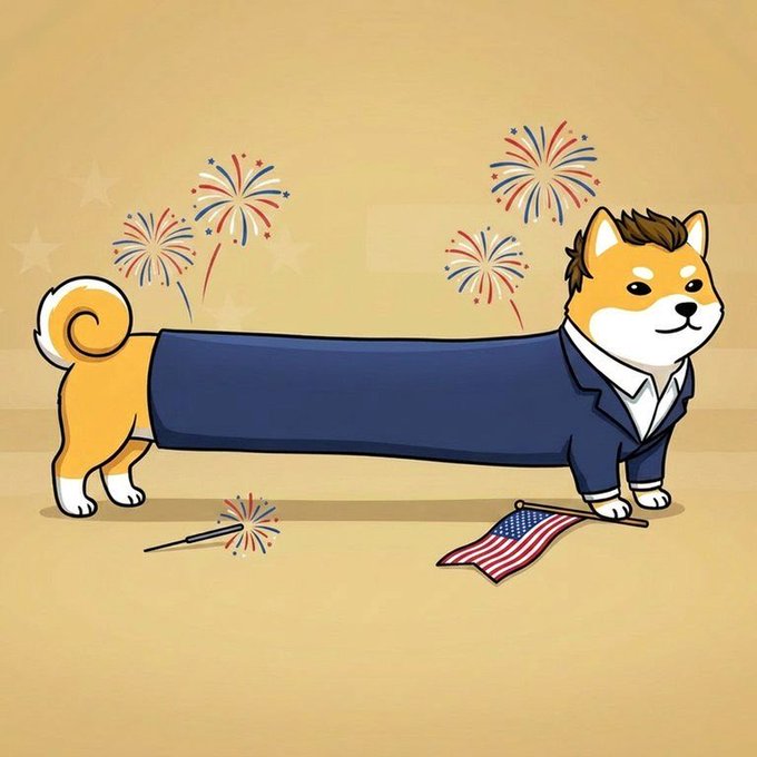 A long-bodied Shiba Inu dog dressed in a suit stretches across the image, with fireworks, sparklers, and an American flag scattered around in a patriotic 4th of July scene. The image visually emphasizes the "Long" theme from the post about a long weekend and a long $ELON position.