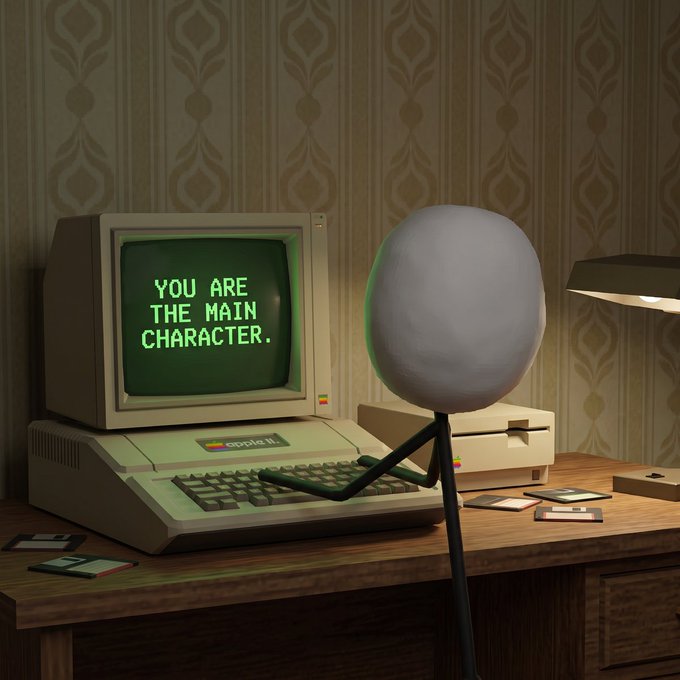 A 3D rendered scene of a gray humanoid figure with a blank head standing at an Apple II vintage computer displaying the text 'YOU ARE THE MAIN CHARACTER.'