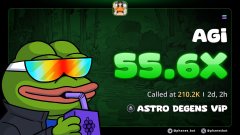 A promotional graphic featuring a Pepe the Frog character wearing sunglasses, with text reading 'AGI SS.6X', 'Called at 310.2K 1.2d, 2h', and 'ASTRO DEGENS VIP'.