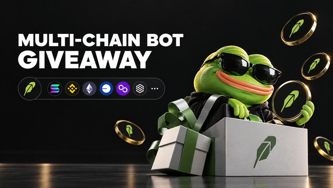 The image promotes a "MULTI-CHAIN BOT GIVEAWAY" featuring the Pepe the Frog mascot wearing sunglasses and emerging from a gift box, surrounded by golden coin tokens and a row of cryptocurrency chain logos. This visual aligns with the post announcing a migration giveaway where 10 winners will receive 50U each by dropping their multi-chain bot wallets in the comments.