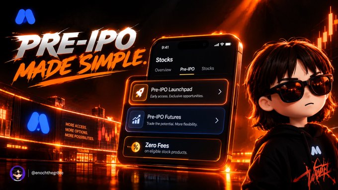 An advertisement for a financial app features the text 'PRE-IPO MADE SIMPLE' with a cartoon figure in sunglasses, alongside options like 'Pre-IPO Launchpad', 'Pre-IPO Futures', and 'Zero Fees' displayed on a smartphone interface.