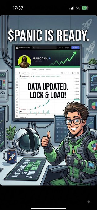 A meme-style image of an astronaut giving a thumbs-up in front of a trading chart, overlaid with the text '$PANIC IS READY. DATA UPDATED. LOCK & LOAD!'.