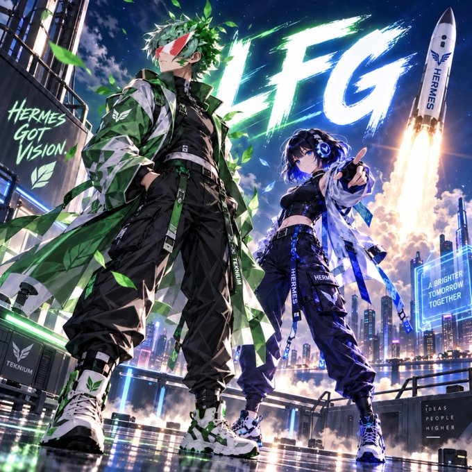 A vibrant anime-style illustration shows a green-haired character in a Hermes-branded coat alongside a blue-haired companion, set against a futuristic cityscape with a "HERMES" rocket launching into the sky. Bold graffiti text reads "LFG" with "HERMES GOT VISION" and "A BRIGHTER TOMORROW TOGETHER" displayed on surrounding signs, matching the post's hype about Hermes' new Super Pixel capabilities.