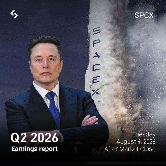 A promotional graphic for SpaceX ($SPCX) Q2 2026 earnings report, scheduled for Tuesday, August 4, 2026, after market close, features Elon Musk standing in front of a SpaceX rocket with the post highlighting the stock's 51% decline from its June high ahead of the earnings announcement.