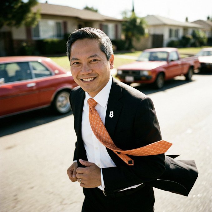 A smiling Asian man wearing a black suit with an orange tie (Binance logo pin visible) standing in a residential street with red vehicles parked in the background.