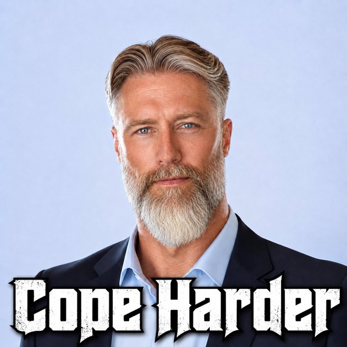A portrait of a middle-aged man with gray hair and a beard, wearing a blue shirt and dark blazer, with the stylized text 'Cope Harder' overlaid at the bottom.