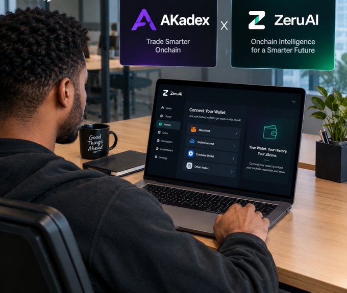 A man sits at a desk using a laptop displaying ZeruAI's "Connect Your Wallet" interface, with promotional graphics above for a partnership between Akadex ("Trade Smarter Onchain") and ZeruAI ("Onchain Intelligence for a Smarter Future").