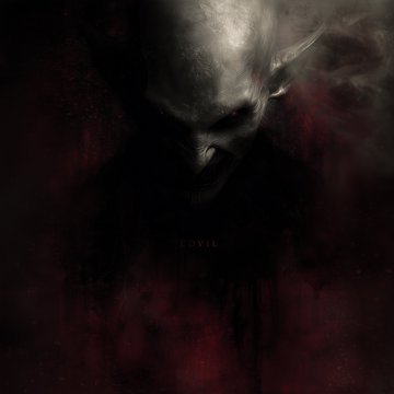A dark, atmospheric image featuring a pale, menacing demonic figure with pointed ears emerging from red smoke or mist.