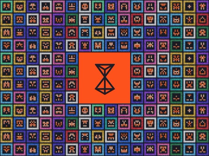 A vibrant grid of colorful pixelated icons surrounds a central orange square featuring a black geometric symbol resembling two stacked triangles.