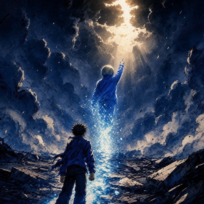 An anime-style illustration shows a figure in the foreground facing away, looking up at a glowing, ethereal being with an outstretched arm that dissolves into sparkles, set against a dramatic cloudy sky with sunbeams breaking through.