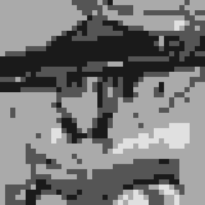 A heavily pixelated, grayscale image that appears abstract and difficult to interpret.