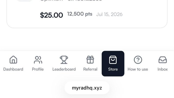 A screenshot of the Myriad app showing a $25.00 reward for 12,500 points dated Jul 15, 2026, with the bottom navigation bar highlighting the Store tab and the website "myradhq.xyz" displayed at the bottom.