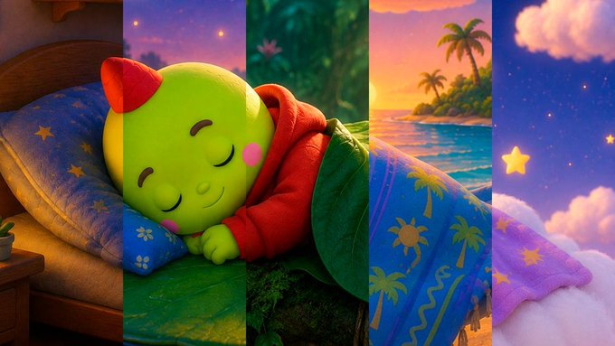 A green Sleepagotchi character peacefully sleeps on a pillow, surrounded by dreamy tropical and nighttime scenes, visually representing the app's concept of rewarding users for putting their phone down and getting rest.