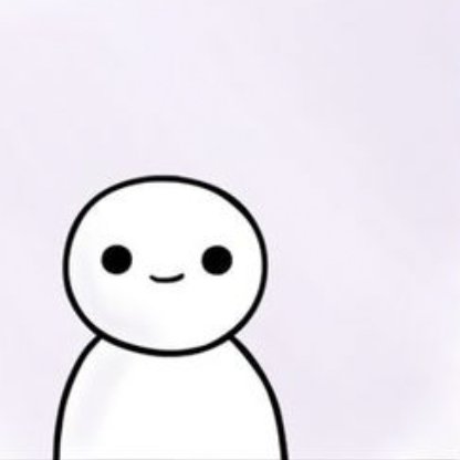 A simple cartoon character with a round white head, two dot eyes, and a small smile against a pale pink background.