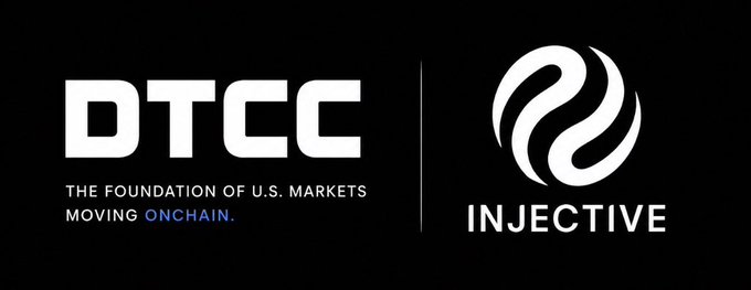A black banner displaying the DTCC logo with the tagline 'THE FOUNDATION OF U.S. MARKETS MOVING ONCHAIN' alongside the Injective logo.