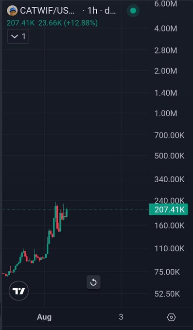 A cryptocurrency price chart for 'CATWIF/US...' shows a current price of 207.41K, up 12.88% over a 1-hour period, with a green and red candlestick pattern indicating price growth.