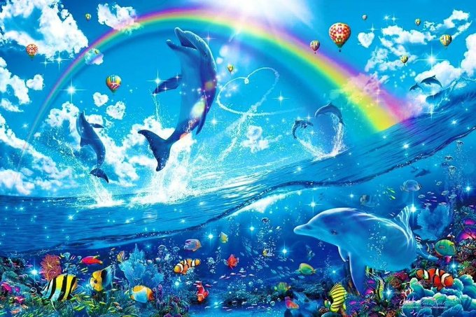 A vibrant fantasy artwork showing dolphins leaping through ocean waves with a rainbow, hot air balloons floating in the sky, tropical fish, and a coral reef underwater in a colorful, dreamlike seascape.