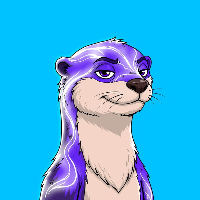 A digital illustration of an anthropomorphic otter character with a white and purple coat and purple eyes, set against a bright blue background.